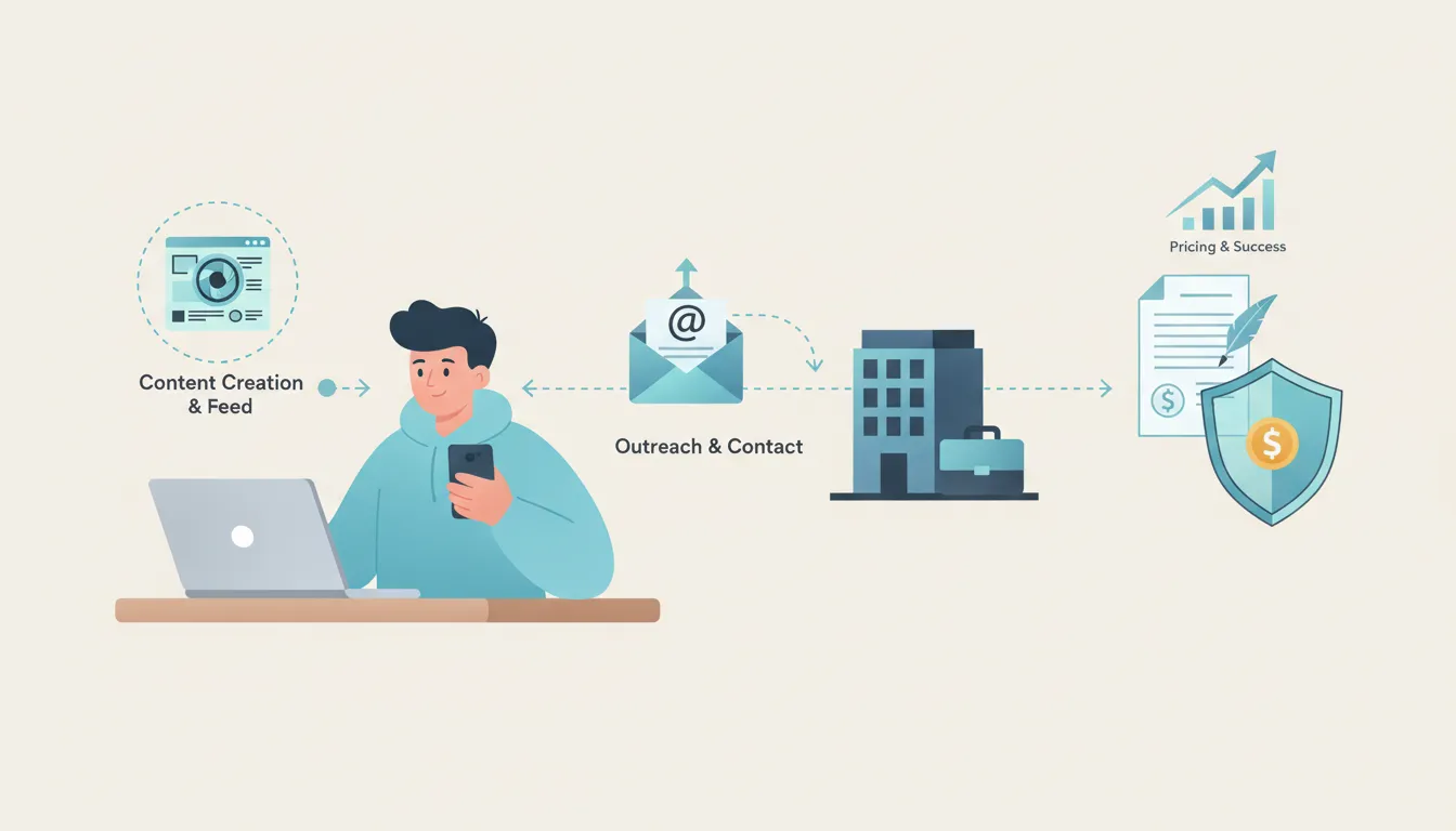 Illustration of a content creator pitching a brand deal with connected symbols for content readiness, outreach, and contract protection.