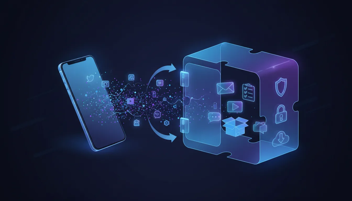 Illustration showing social media signals flowing from a smartphone into a secure vault of owned assets, representing email lists and digital products for creator revenue.