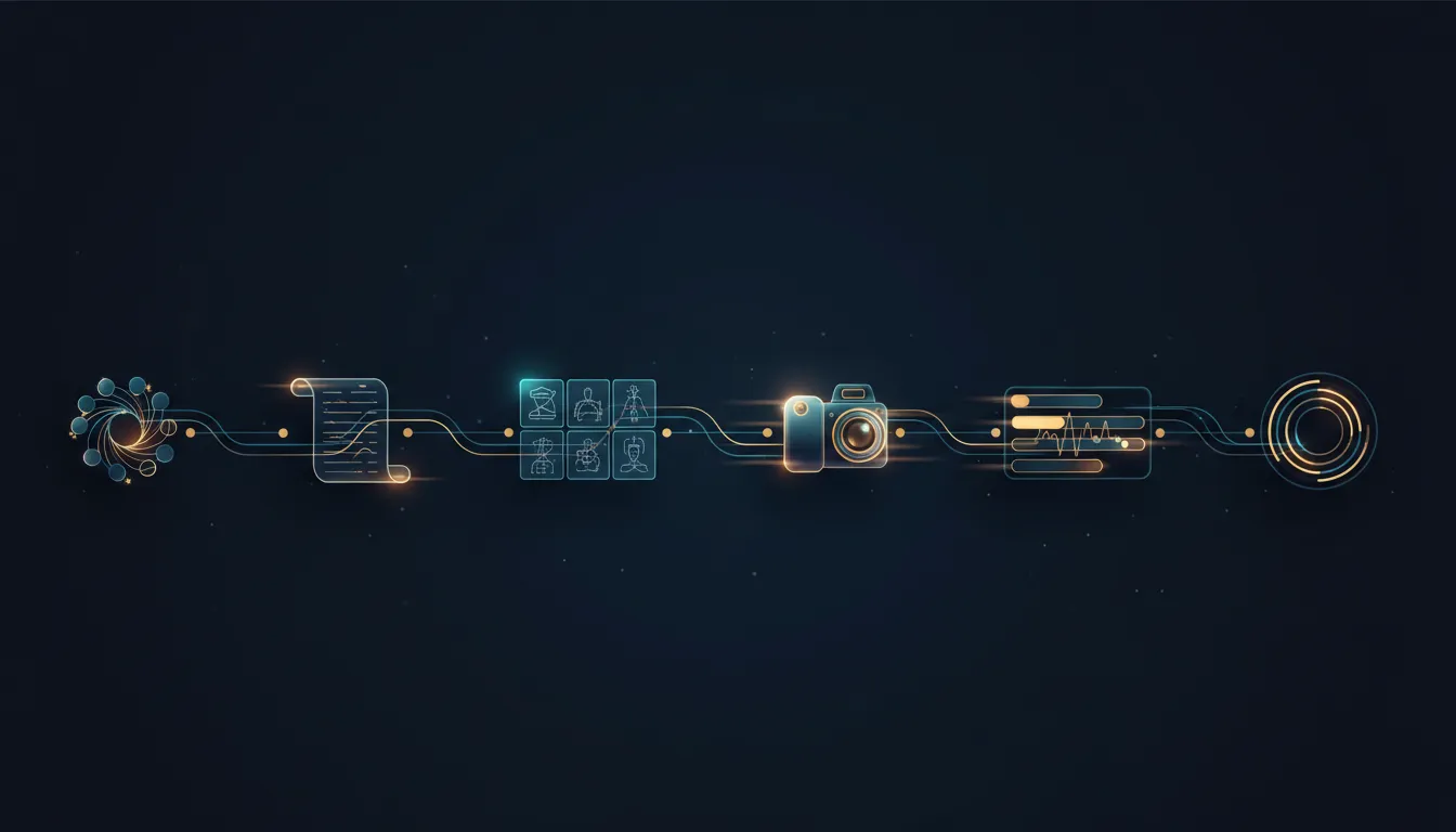 Cinematic illustration of a glowing, connected video creation pipeline representing narrative engineering from idea to publishing, with camera and timeline elements and no text.