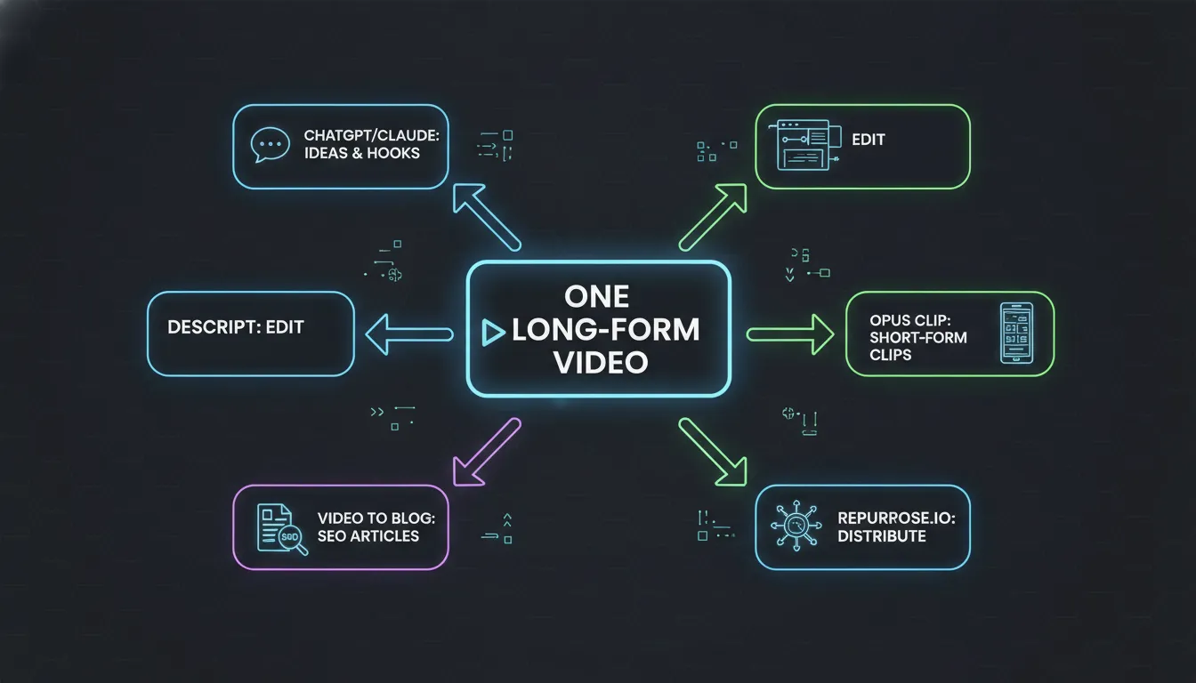 Infographic showing how ChatGPT/Claude, Descript, Opus Clip, Repurpose.io, and Video To Blog work together to turn one long-form video into an AI-driven content engine.