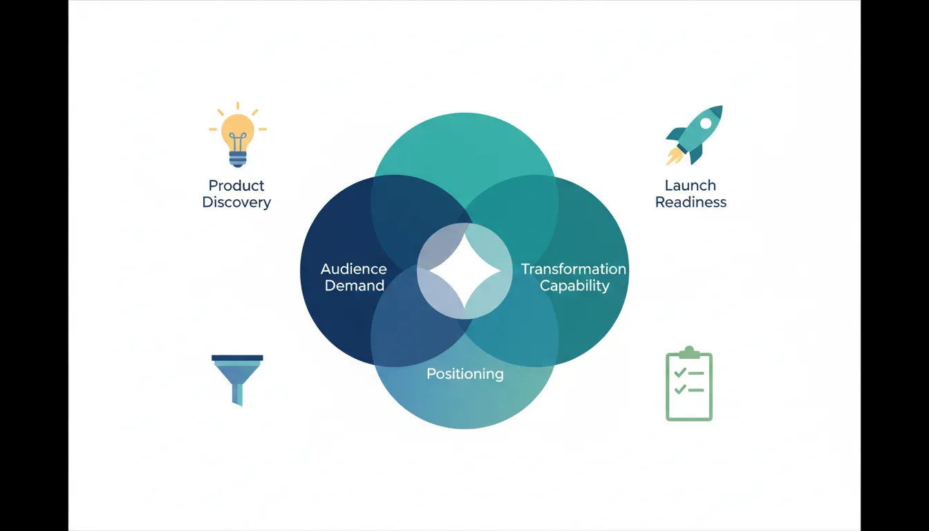 Illustration of a three-circle Venn diagram representing audience demand, transformation ability, and positioning, surrounded by icons symbolizing product discovery and launch readiness, with no text.