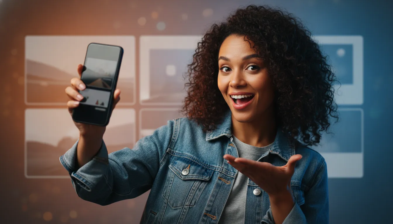 Photorealistic cinematic scene of a creator presenting realistic thumbnail concepts on a smartphone with a subtle collage background, emphasizing clarity and emotion—no text.