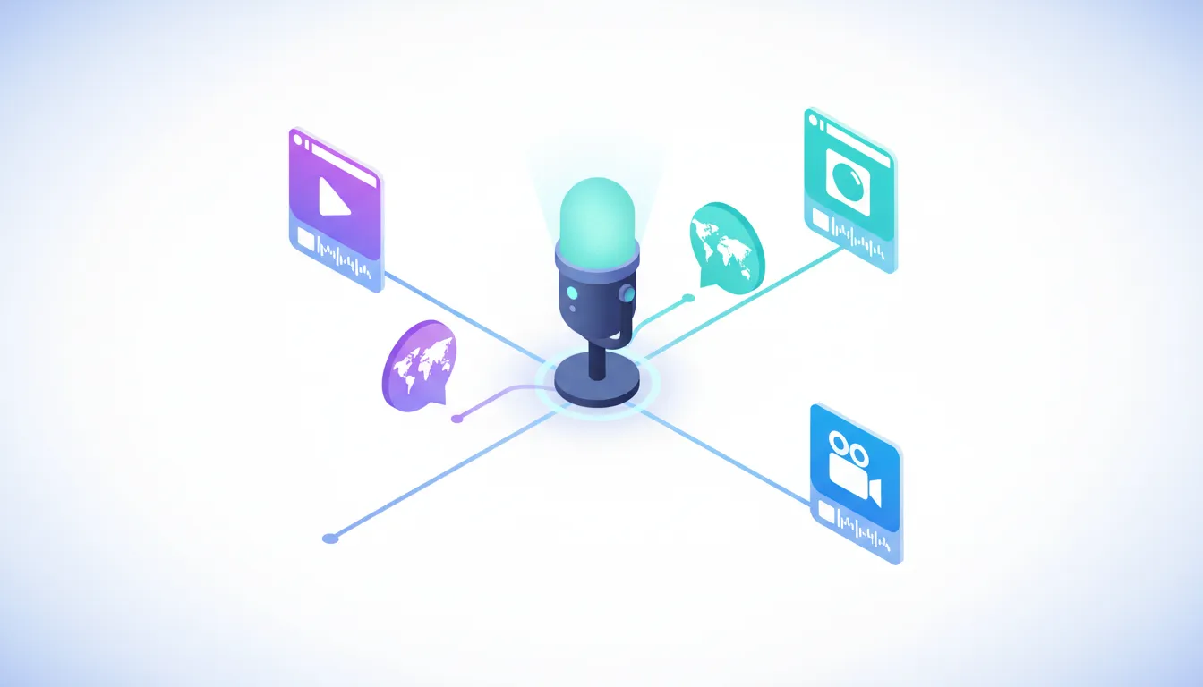 Concept illustration showing a podcast microphone connected to multiple video assets across separate channels and multilingual growth cues for YouTube repurposing.