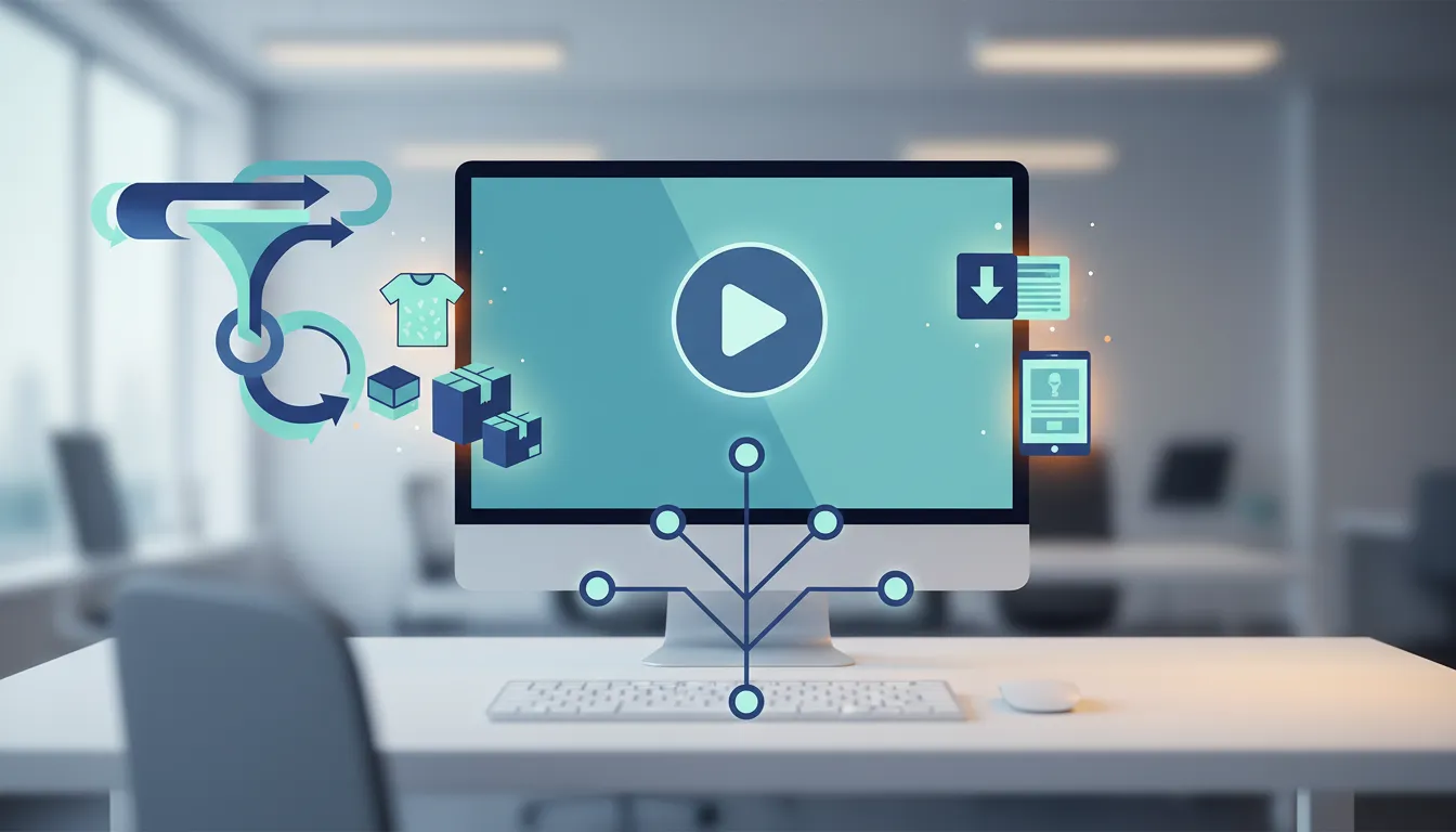 Illustration showing a central YouTube-style video screen connected to merch, digital product, and multi-channel funnel concepts—wordless and brand-focused.