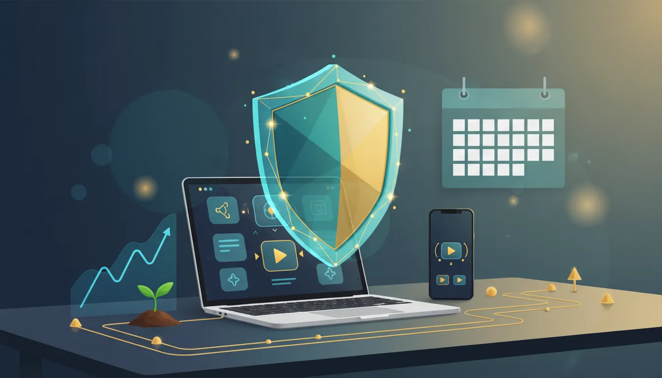 Illustration of a protective shield over a creator workspace with abstract video icons, growth and roadmap visual metaphors, representing long-term stability for a YouTube creator.