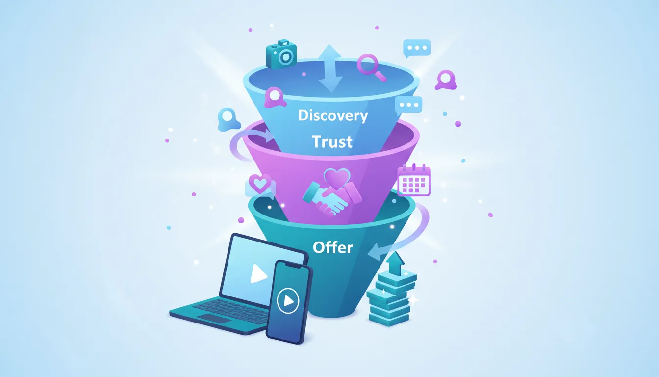 Illustration of a content-to-community funnel showing how a small YouTube presence can grow into income through discovery, trust, and an offer