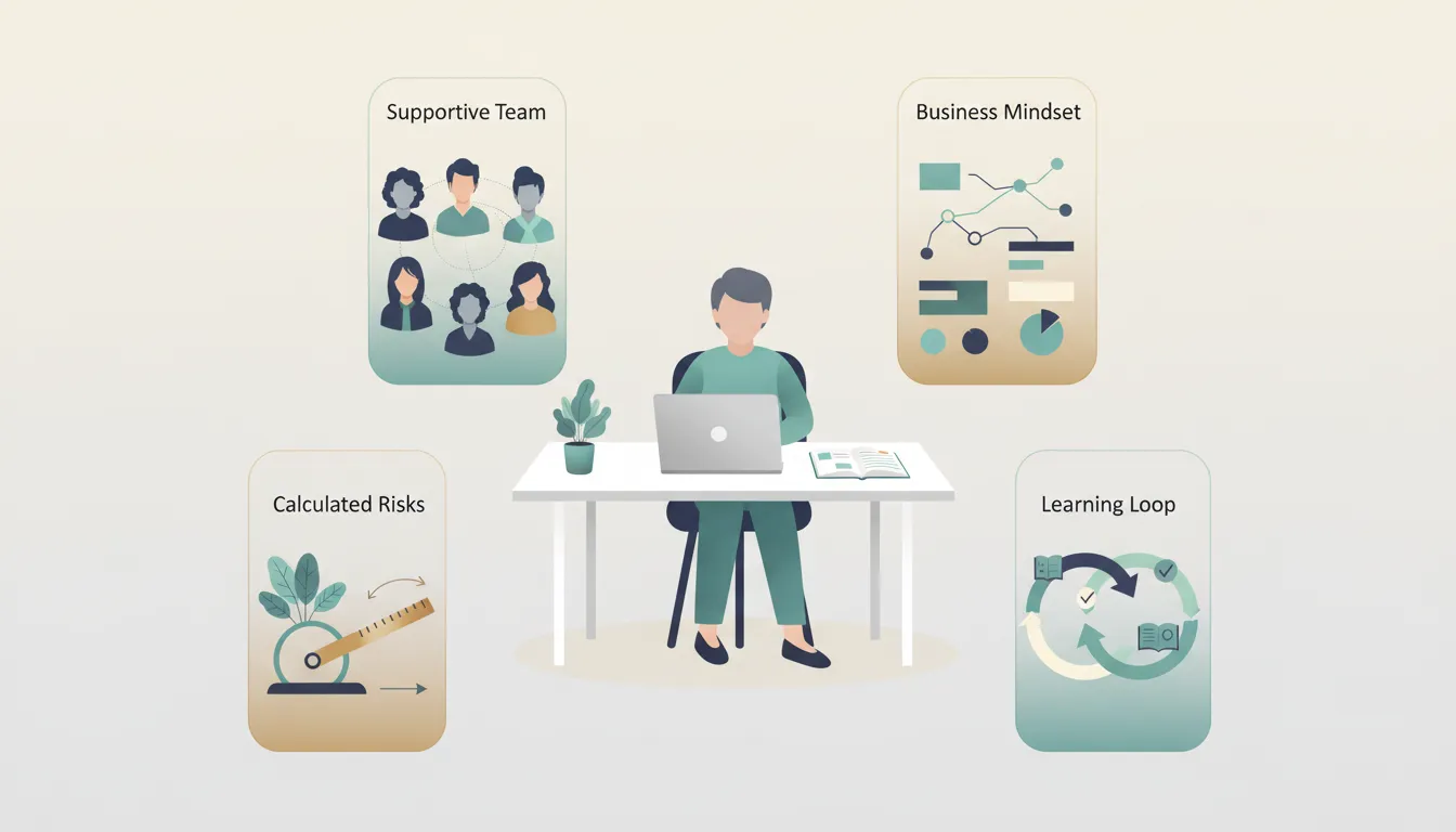 Illustration of a creator building a sustainable business with four pillars: team support, strategy, calculated risks, and learning, shown with calm, organized visuals and subtle sustainability elements.
