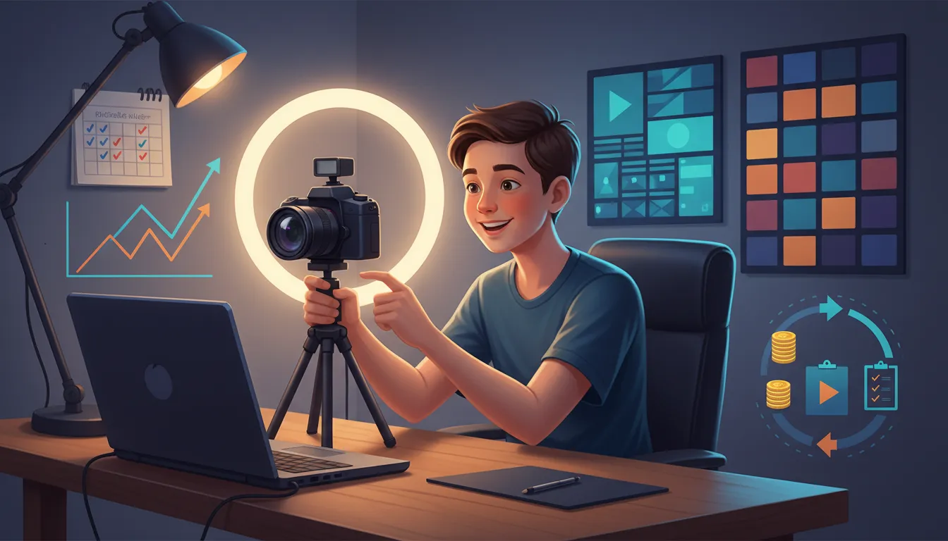 Teen creator filming a YouTube video at home with tools and visual progress cues showing growth toward full-time success, with no text.