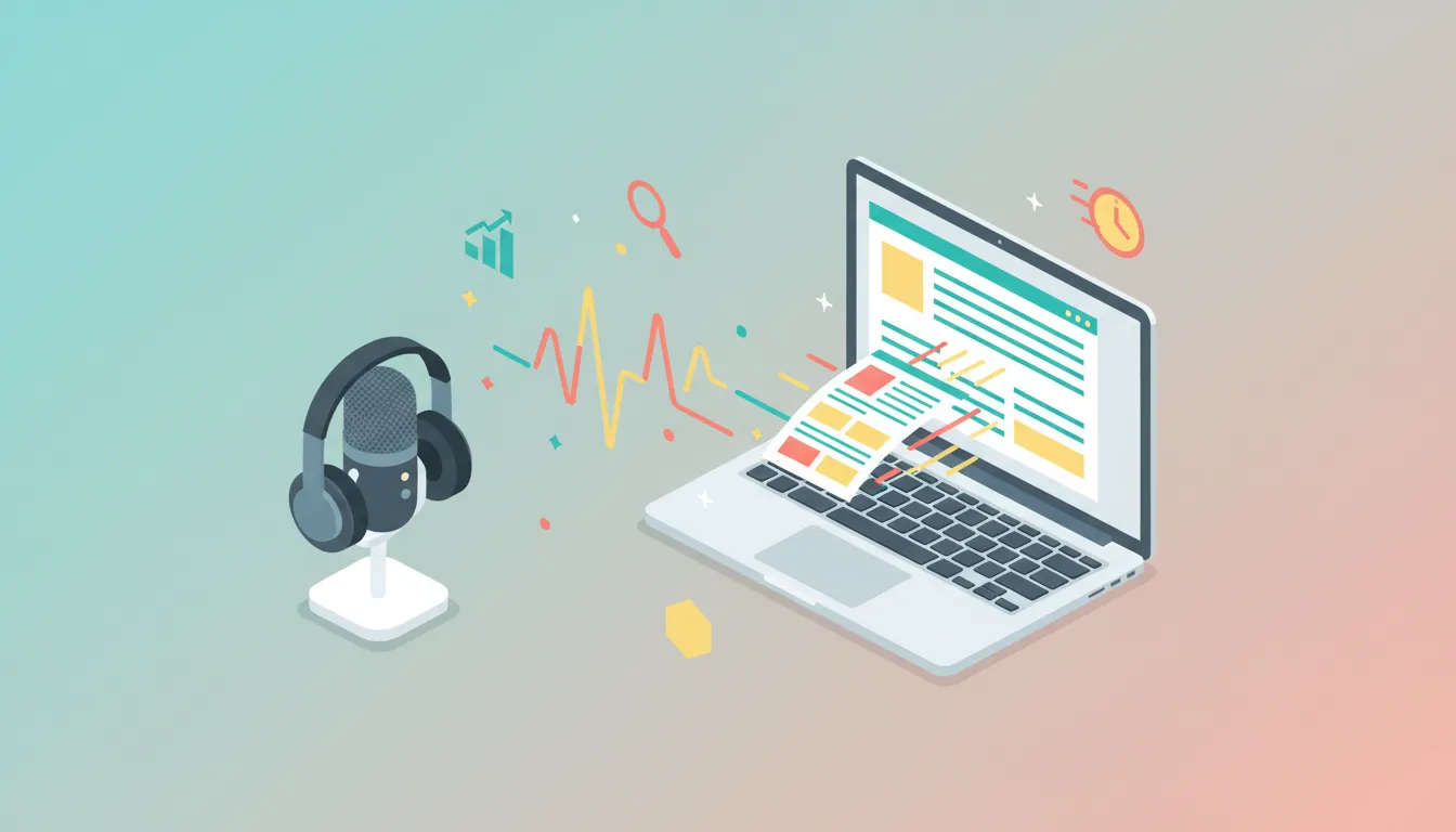 Illustration of a microphone and headphones with an audio waveform transforming into lines of blog text on a laptop, symbolizing converting podcast episodes into SEO-friendly blog posts.