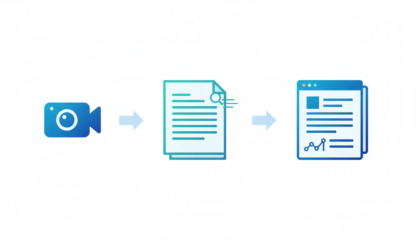 Illustration showing a transcript-to-blog content workflow with icons for video, transcript, and an SEO-optimized blog page with search and growth cues