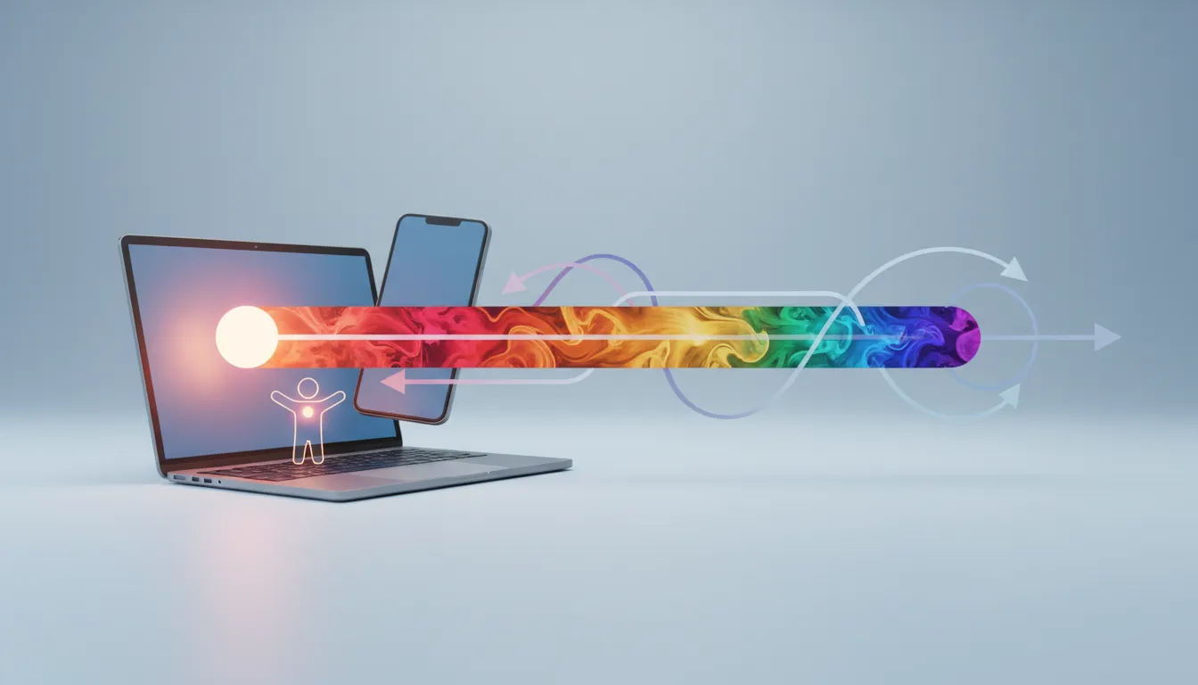 Abstract cinematic illustration showing a video timeline that fills over time and loops back to returning viewers, symbolizing improved watch time and audience retention