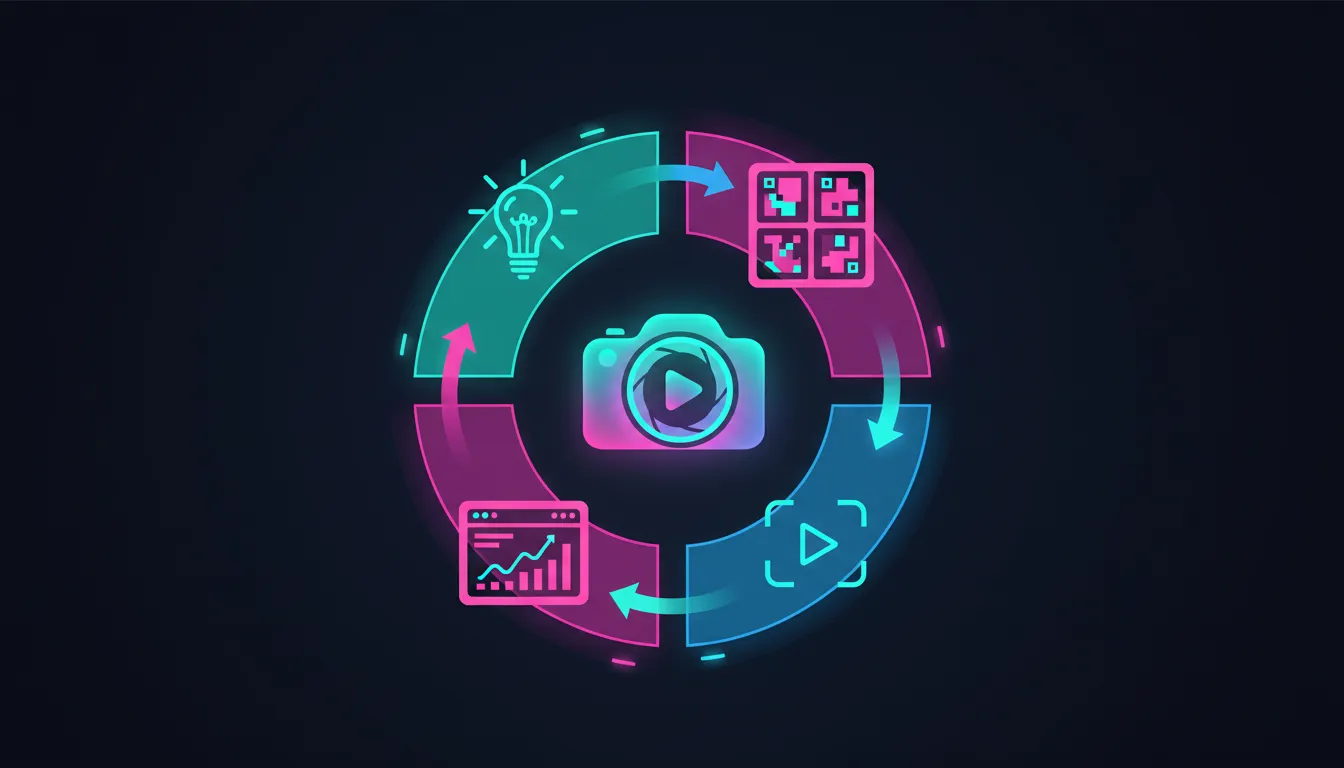 Illustration showing a four-part framework for generating viral YouTube video ideas, using icons for idea strength, thumbnail packaging, audience format familiarity, and data-driven validation.