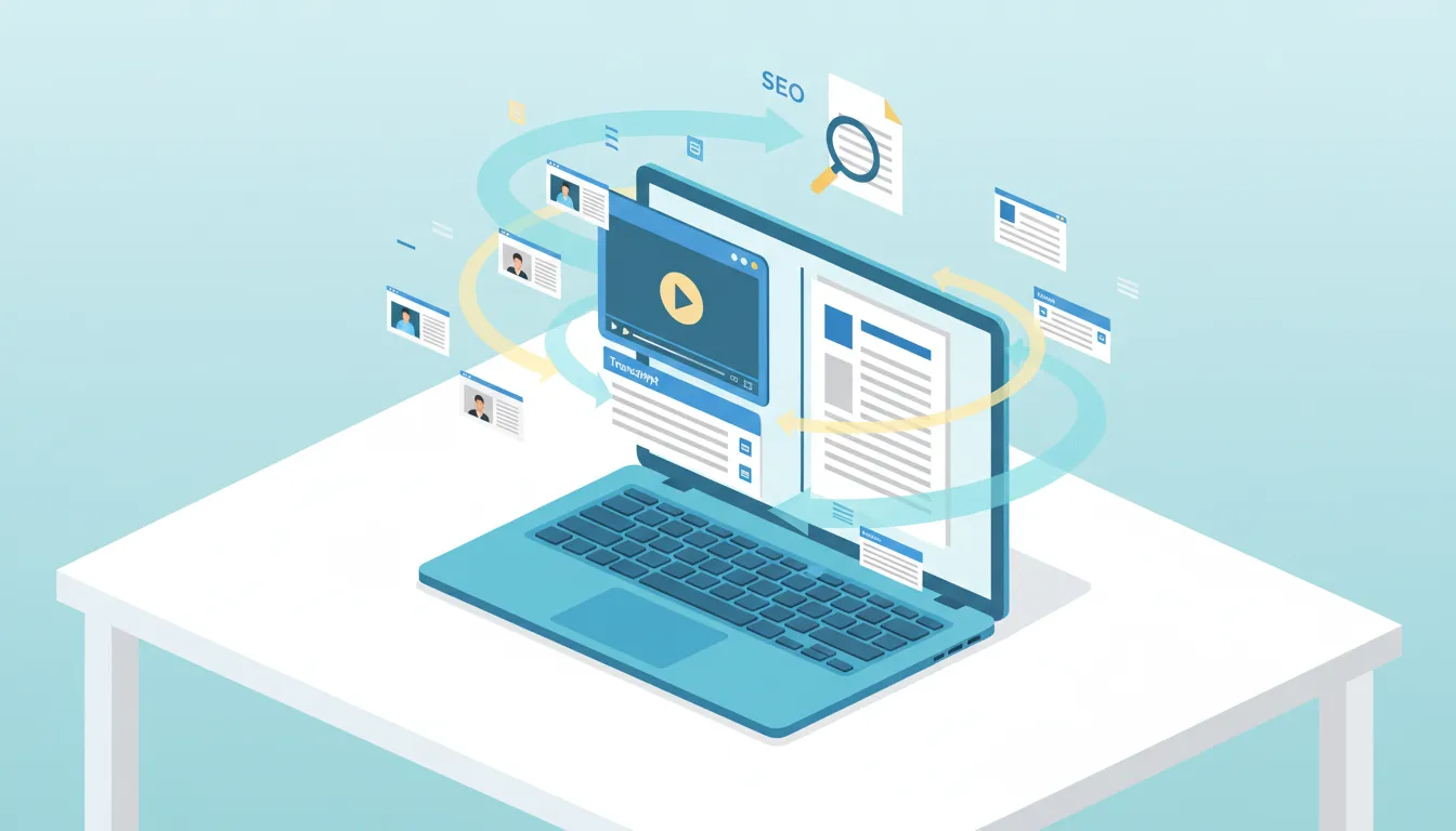 Vector illustration of a laptop converting a webinar video into an SEO-friendly blog article with extracted slide thumbnails and transcript lines