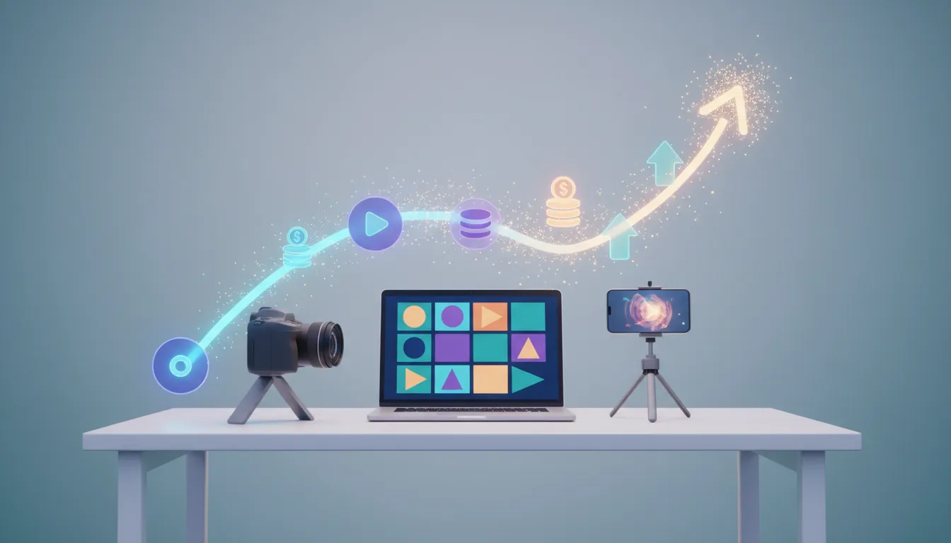 Illustration of modern content creation and growth on YouTube with abstract upward signals and video production elements, no text.