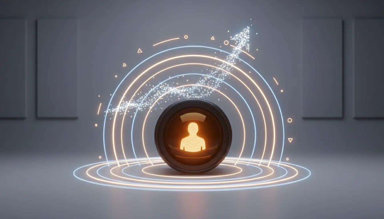 A glowing camera lens with abstract light rings and an upward growth curve symbolizing authenticity, trust, and consistent YouTube channel growth.