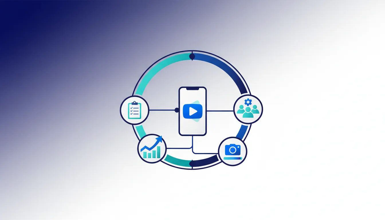 Abstract illustration of a YouTube channel evolving into a business with a workflow system, hiring support icons, and audience growth indicators.