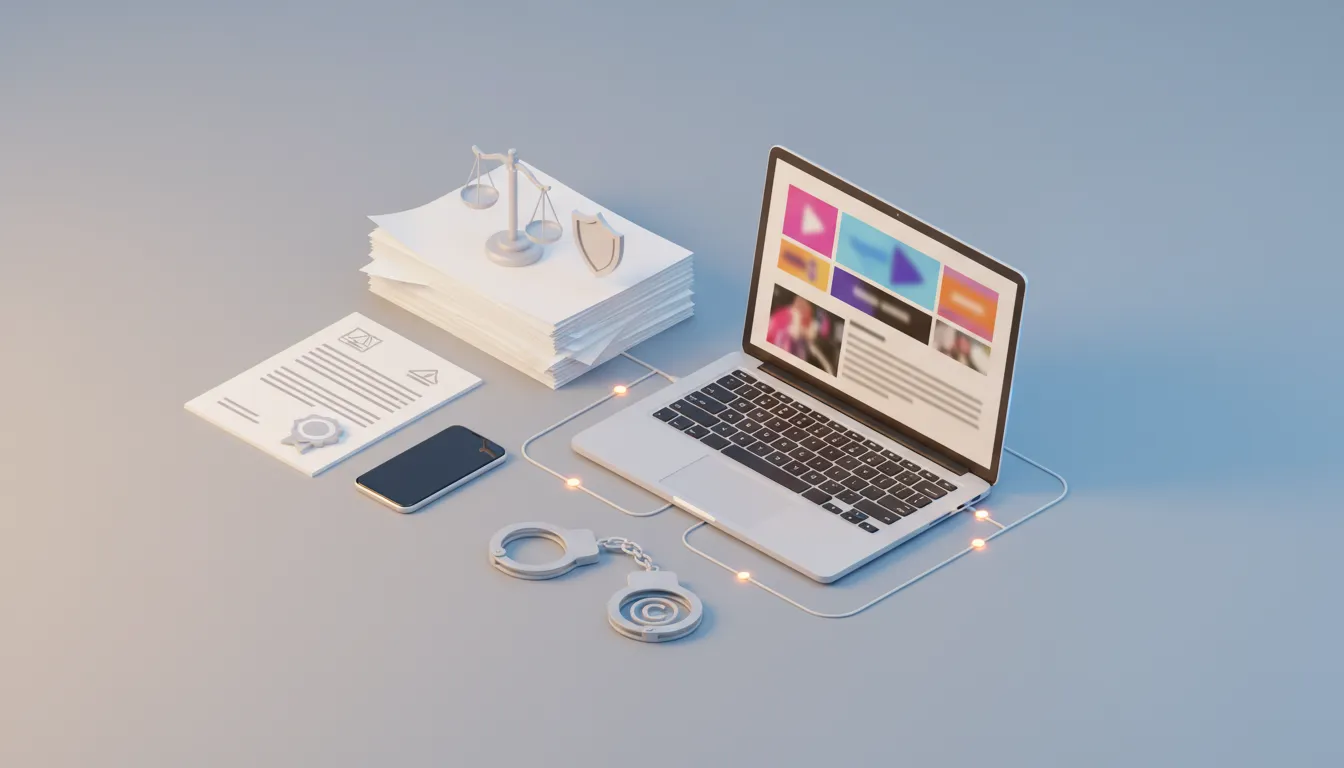 Illustration symbolizing YouTube creator legal and business setup with contract and IP protection icons around a laptop on a desk, no text.