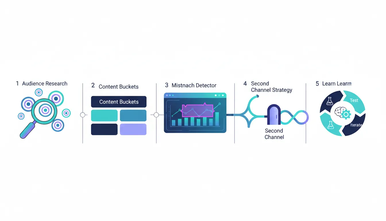 Wordless illustration depicting YouTube audience research, organized content buckets, analytics-driven mismatch detection, a second-channel branching strategy, and a testing loop for growth.