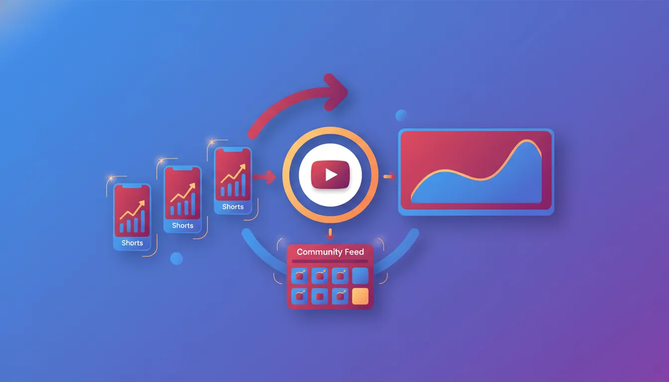 Illustration showing a multi-format YouTube strategy with Shorts feeding into long-form via connected icons and upward growth cues.