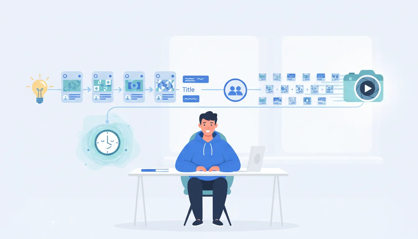 Illustration showing a scalable creative workflow for YouTube titles and thumbnails without burnout, featuring a creator workspace, thumbnail cards, and a calm automated pipeline.