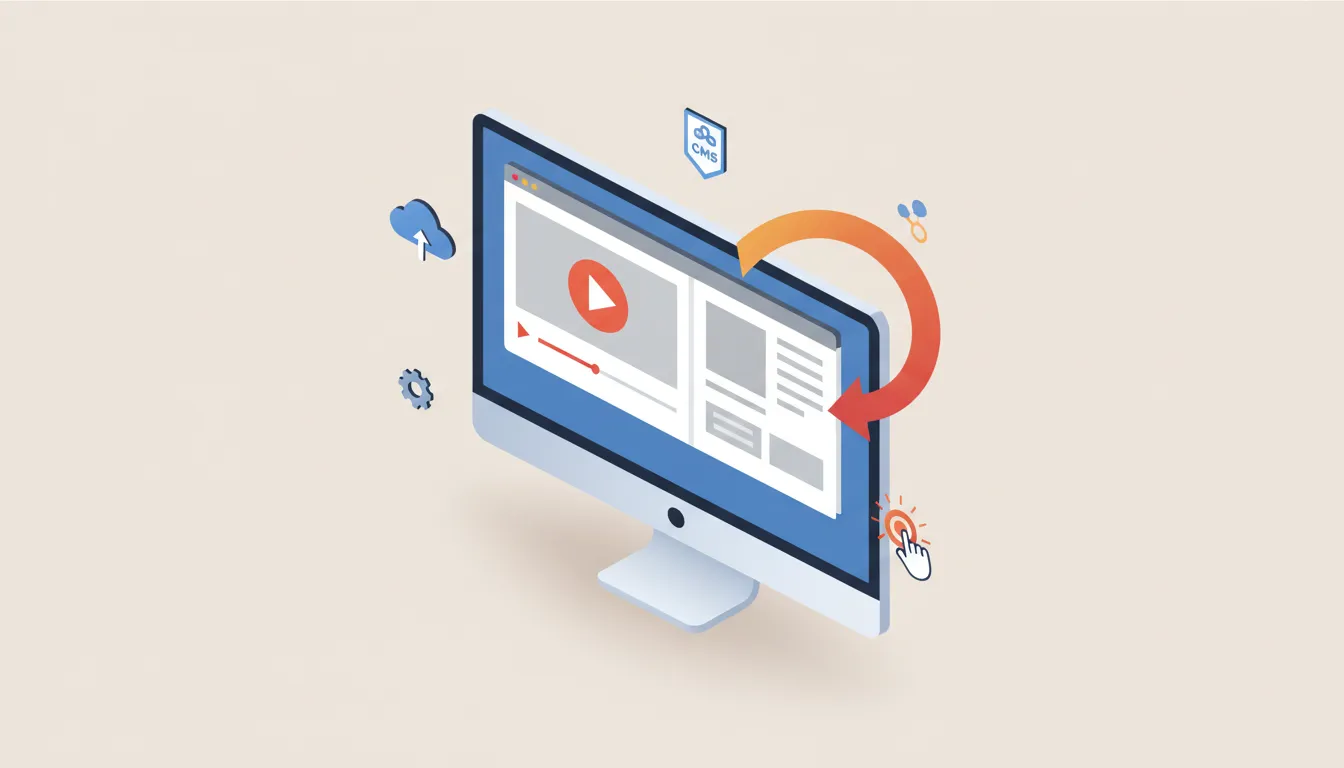 Isometric illustration of a laptop showing a video player transforming into a blog post preview with an arrow and icons representing upload, settings, and one-click WordPress publishing