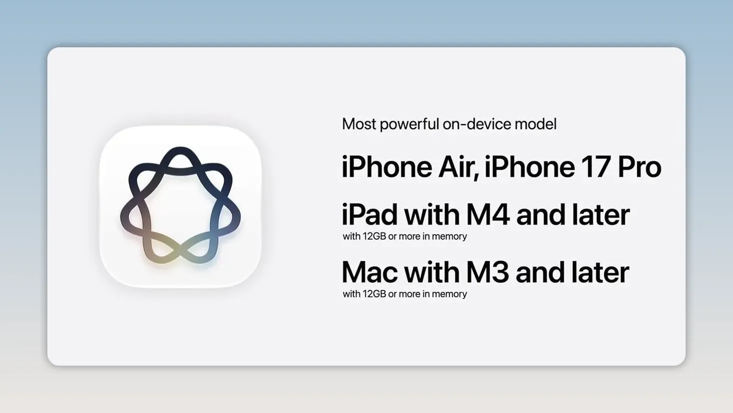 Compatibility slide listing iPhone Air, iPhone 17 Pro, iPads with M4 or later, and Macs with M3 or later with memory requirements