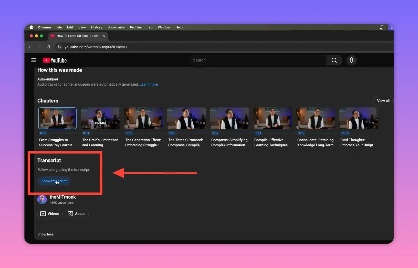 YouTube description area with the blue 'Show transcript' button visible under the Transcript heading
