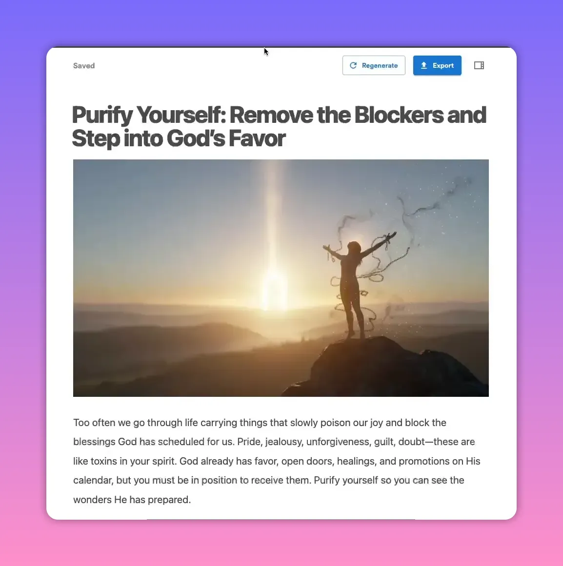 Article draft view showing headings and paragraphs inside the Video To Blog editor with a circular speaker thumbnail in the bottom-right.