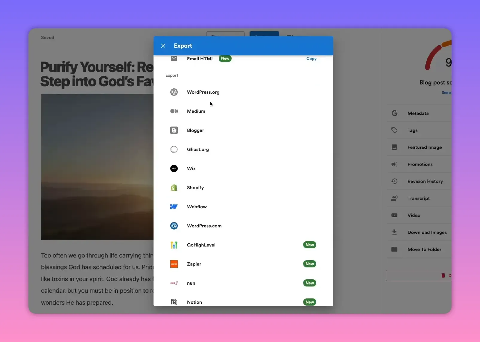 VideoToBlog export modal showing many integrations including Wix, Shopify, Webflow and Zapier over a blog preview background.