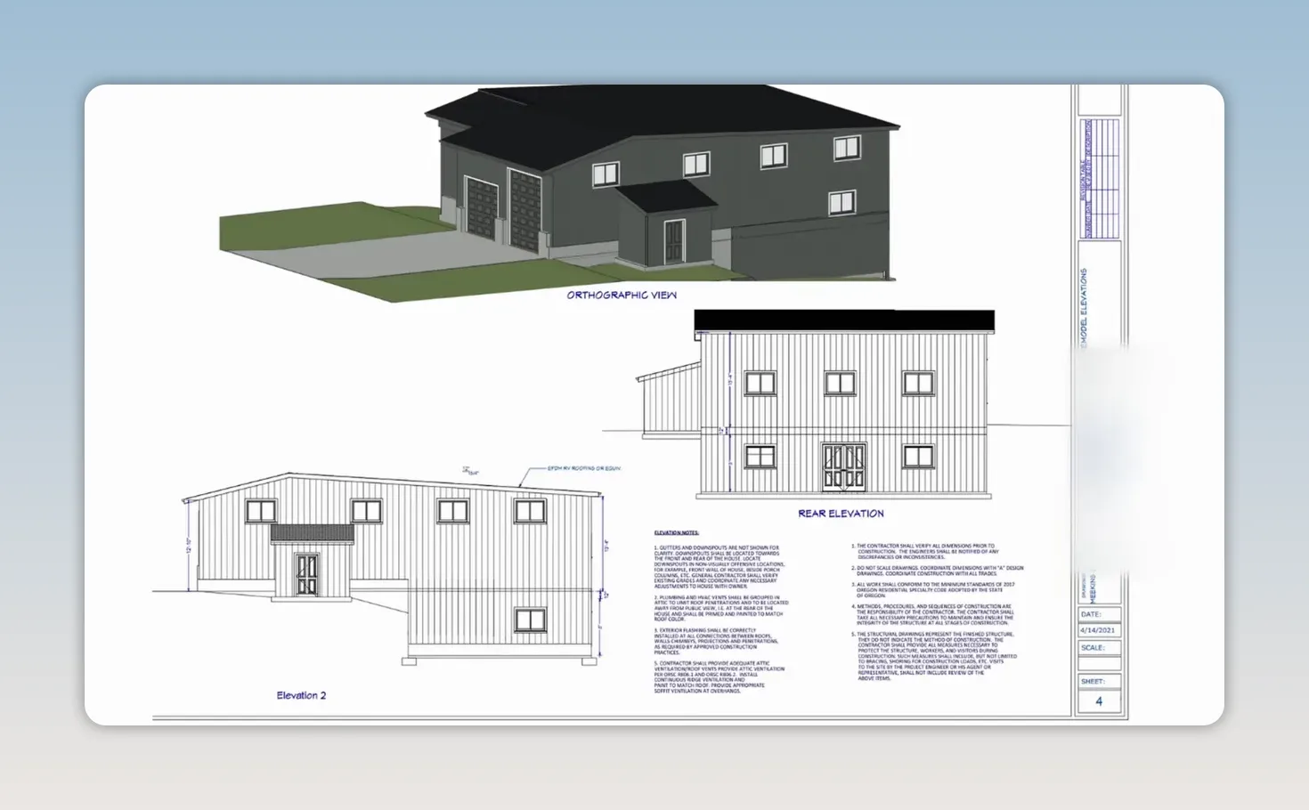 Architectural sheet showing a shop rendering and building elevation drawings