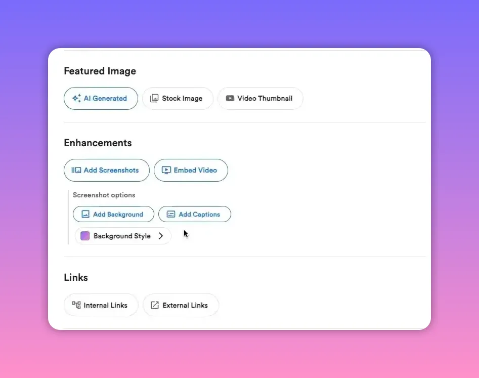 Create Blog Post interface showing Featured Image options (AI Generated, Stock Image, Video Thumbnail) and Enhancements (Add Screenshots, Embed Video)