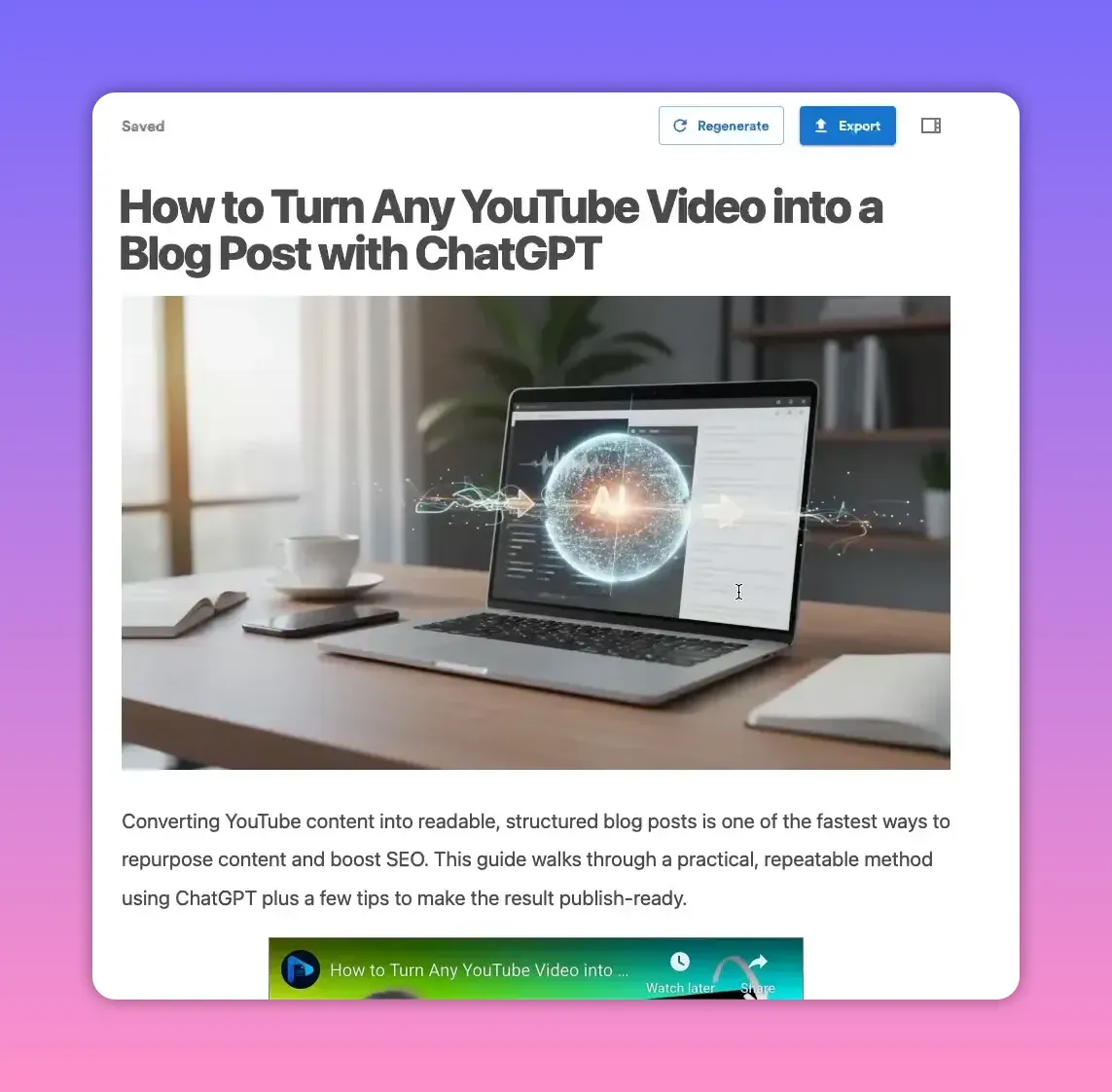 Blog post screenshot showing a large AI-generated featured image (laptop on desk) with article heading above and the embedded video visible below