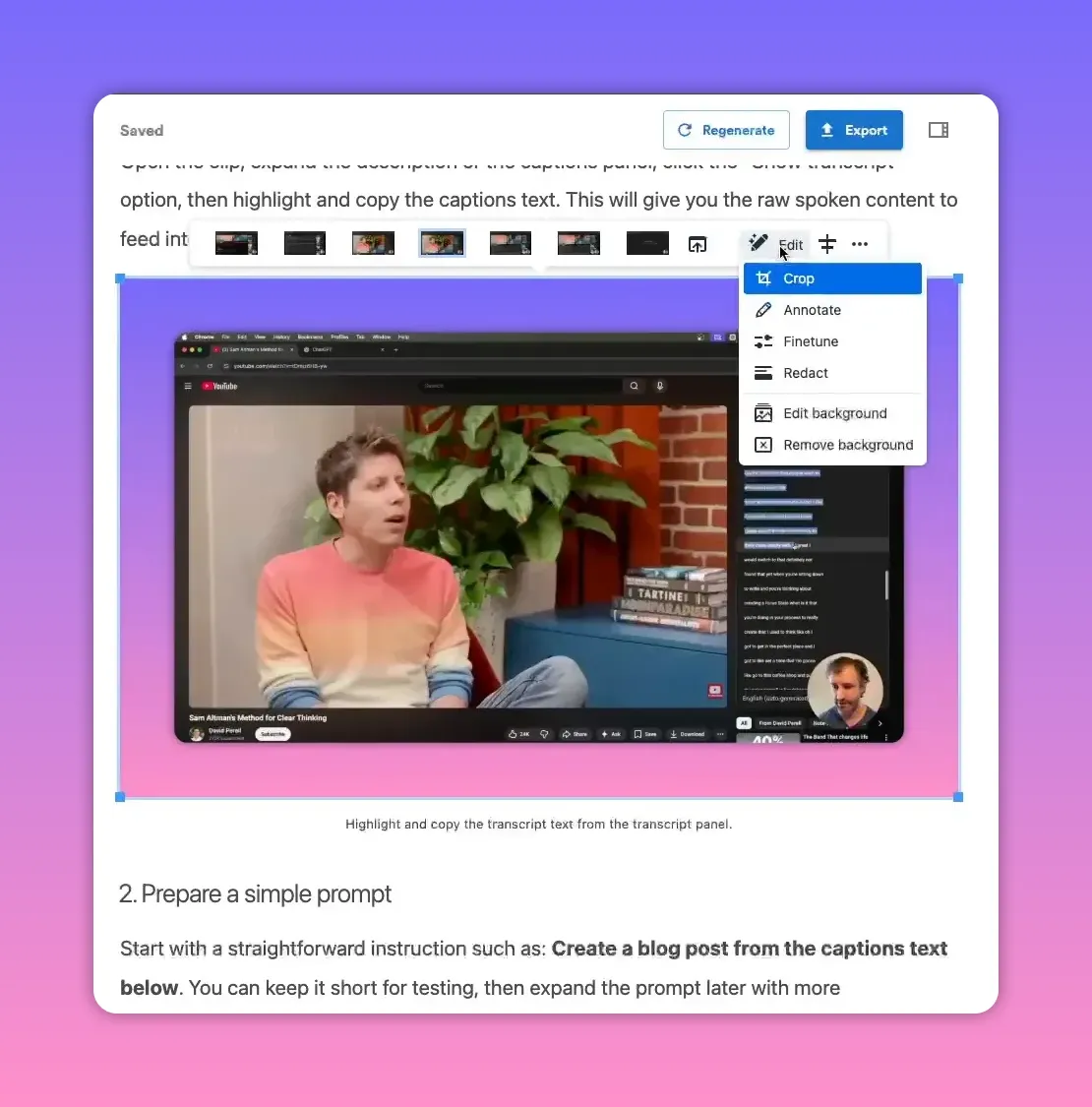 Image editor UI with an edit menu open and the Crop option highlighted above a selected screenshot inside the post editor.