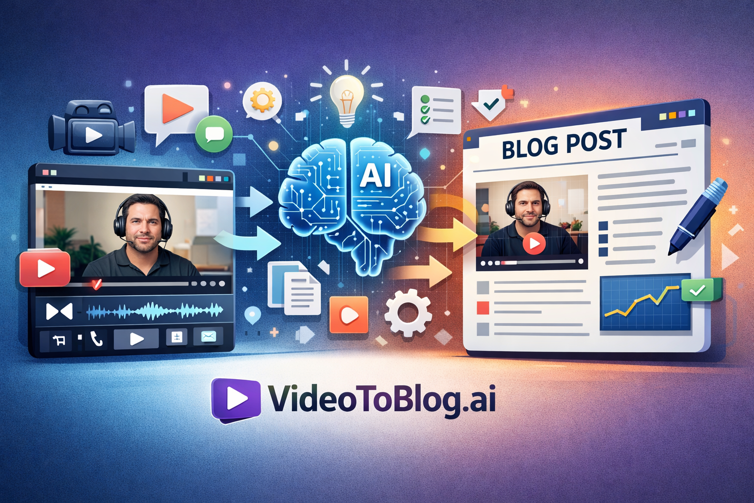 Person using video to blog AI tools to convert video content into blog posts on computer screen with AI-powered interface