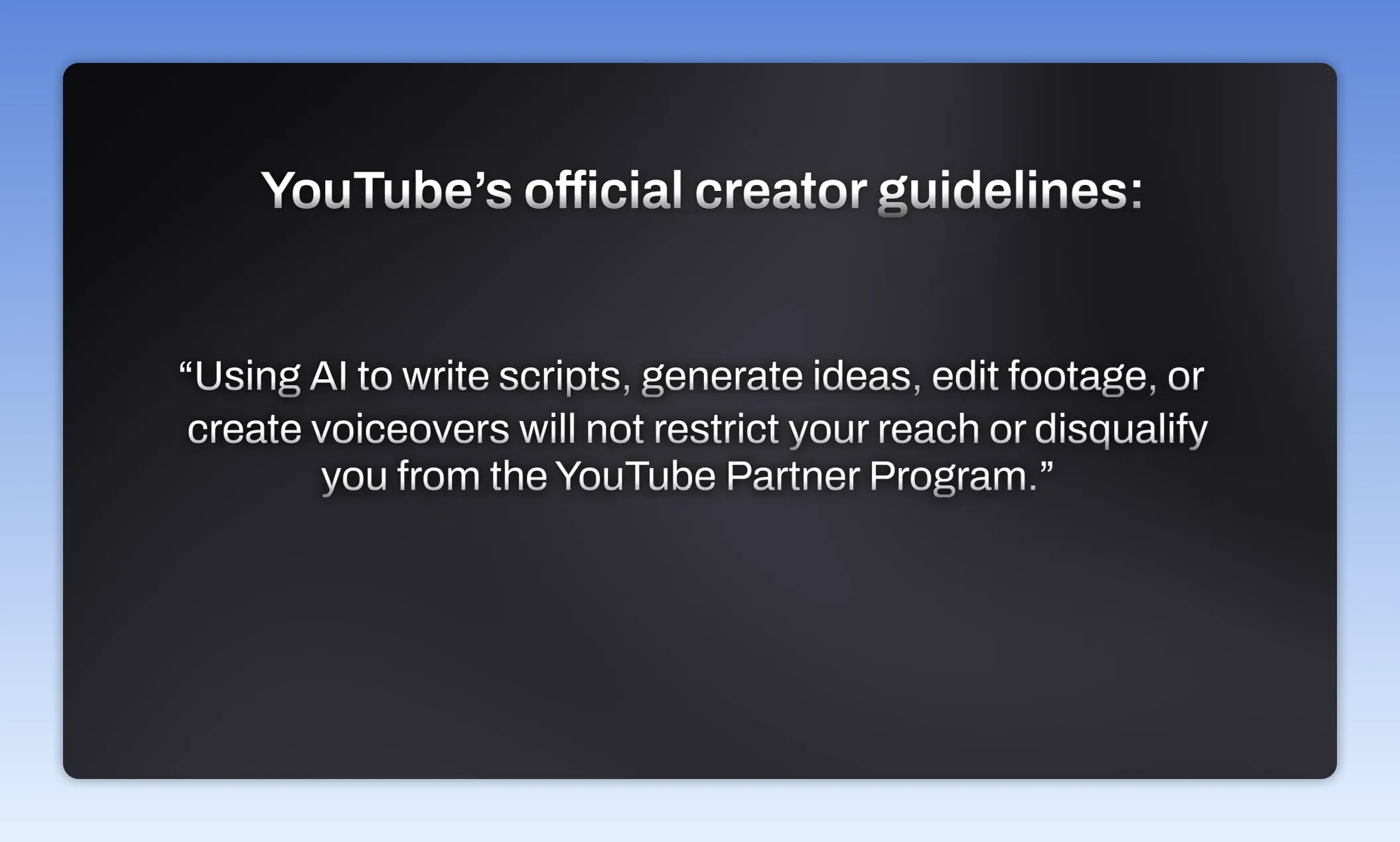 Dark slide listing YouTube creator guidelines for AI tools