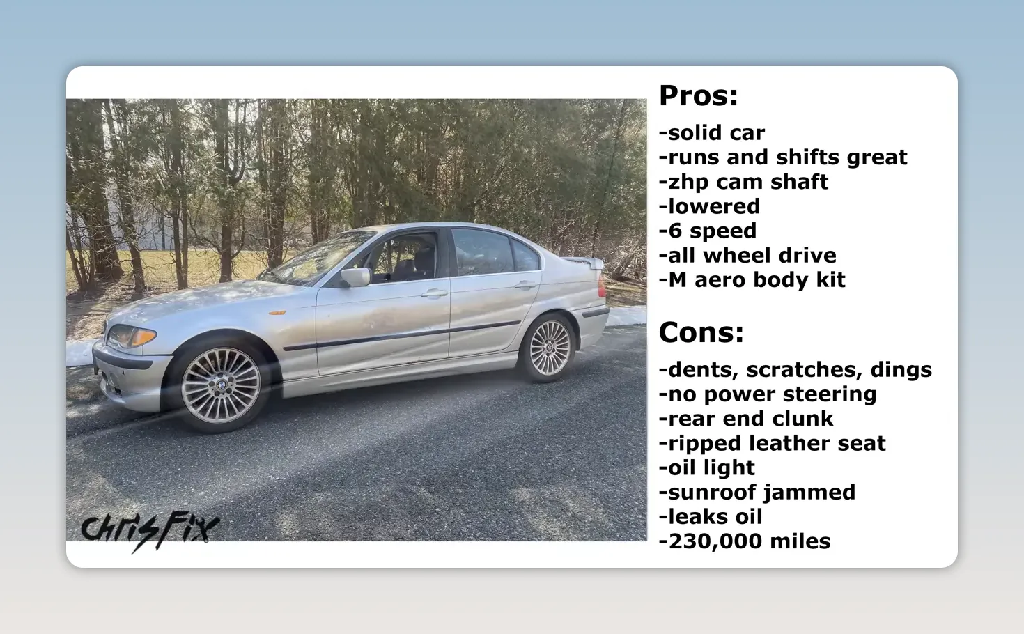 BMW listing photo beside an on-screen list of vehicle pros and cons