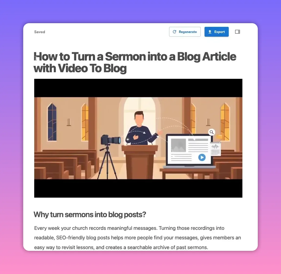 Article preview on Video To Blog with large headline, embedded video and circular author video overlay in the corner.