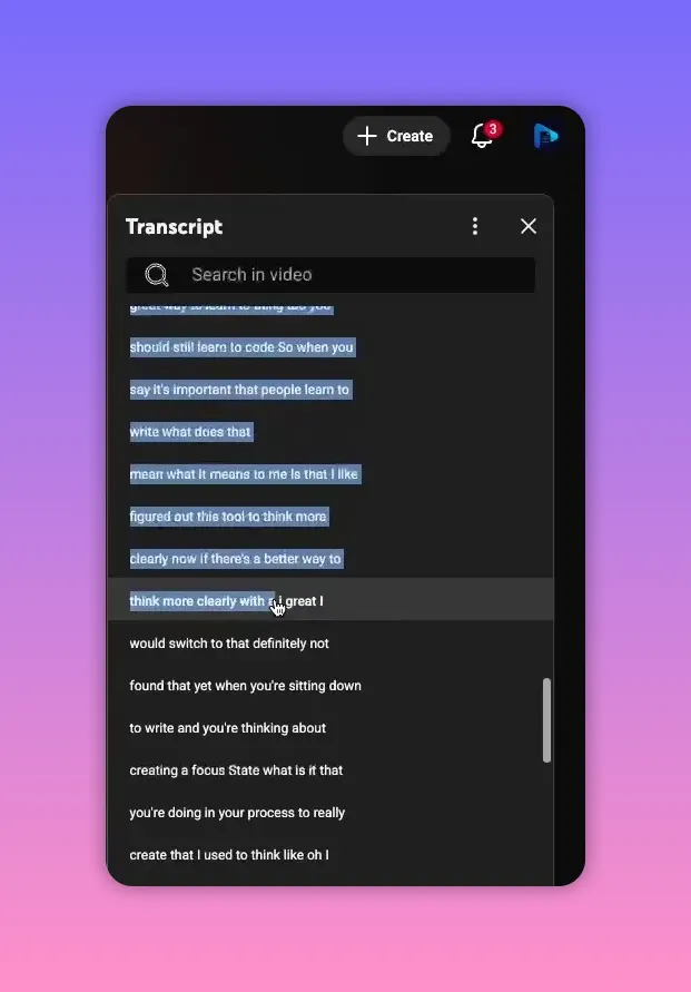 YouTube transcript text highlighted for copying with the video visible
