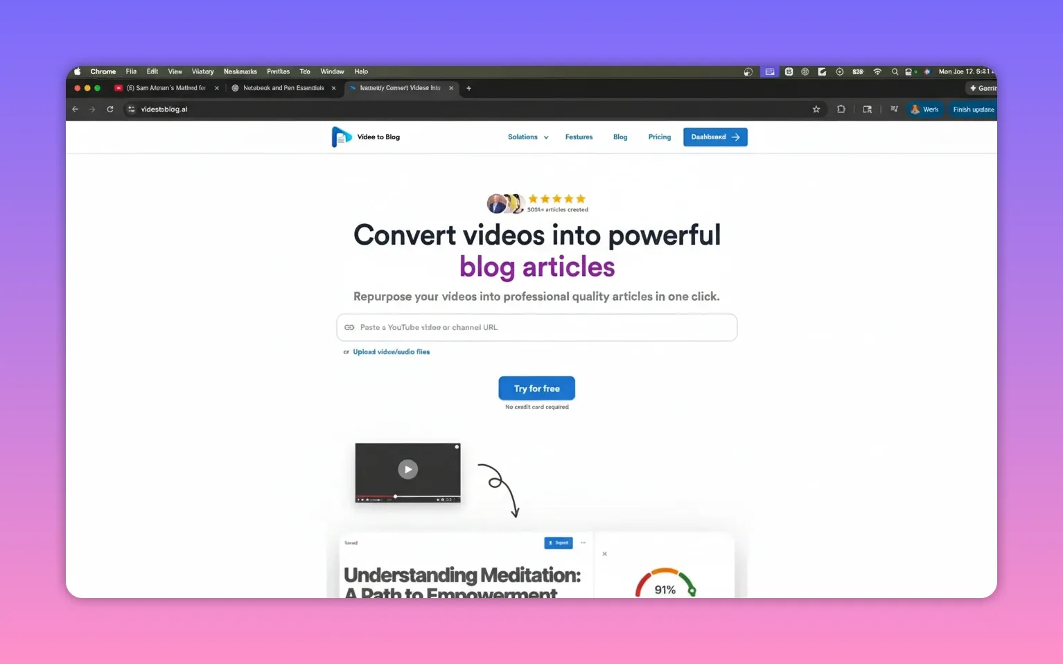 VideoToBlog.ai landing page with headline 'Convert videos into powerful blog articles', paste-URL input, a demo video thumbnail with an arrow to an article preview—good visual of automatic screenshot insertion; presenter thumbnail bottom-right.