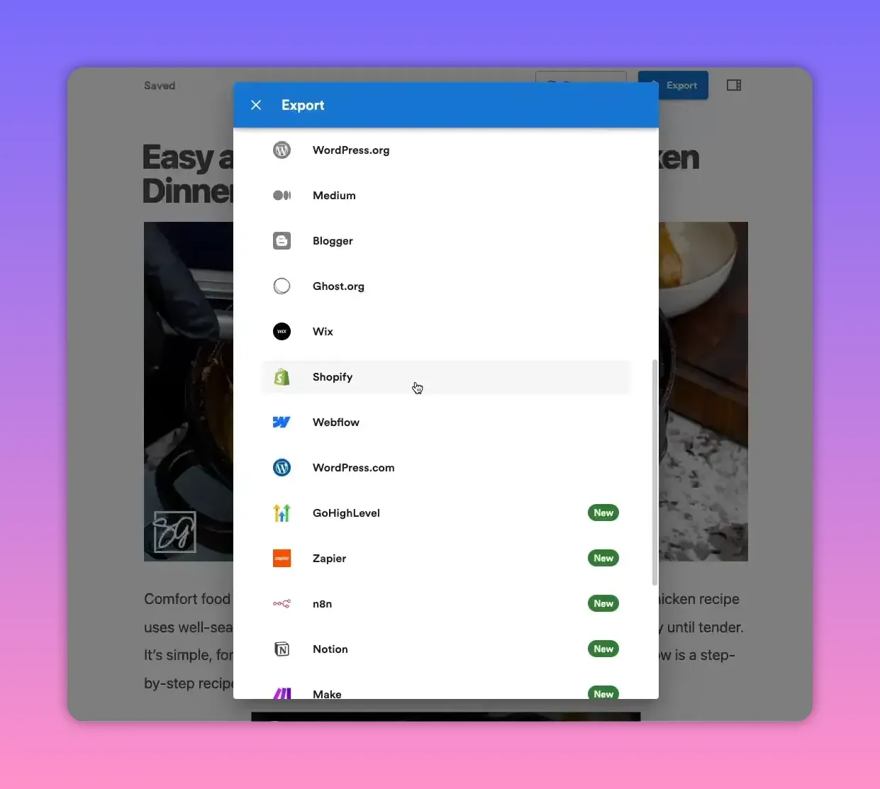Export menu listing publishing destinations including WordPress.org, Medium, Blogger, Ghost.org, Wix, Shopify and Webflow.