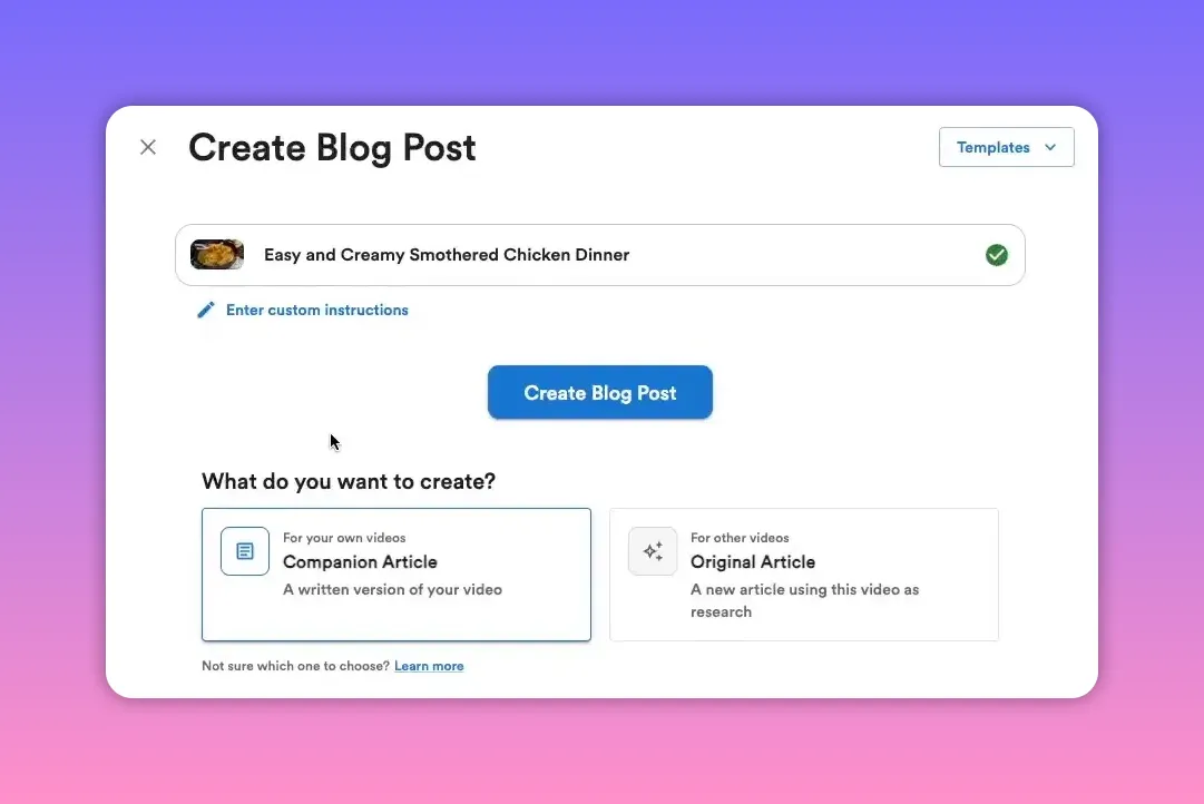 Clean screenshot of the Create Blog Post page with the Companion Article card selected and Create Blog Post button visible.
