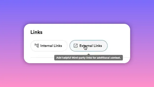 Editor screen showing Links section with both 'Internal Links' and 'External Links' buttons, cursor on External Links