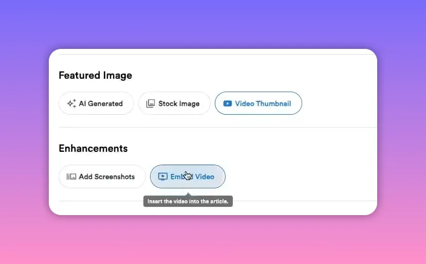 Article editor with Featured Image options and Embed Video button highlighted