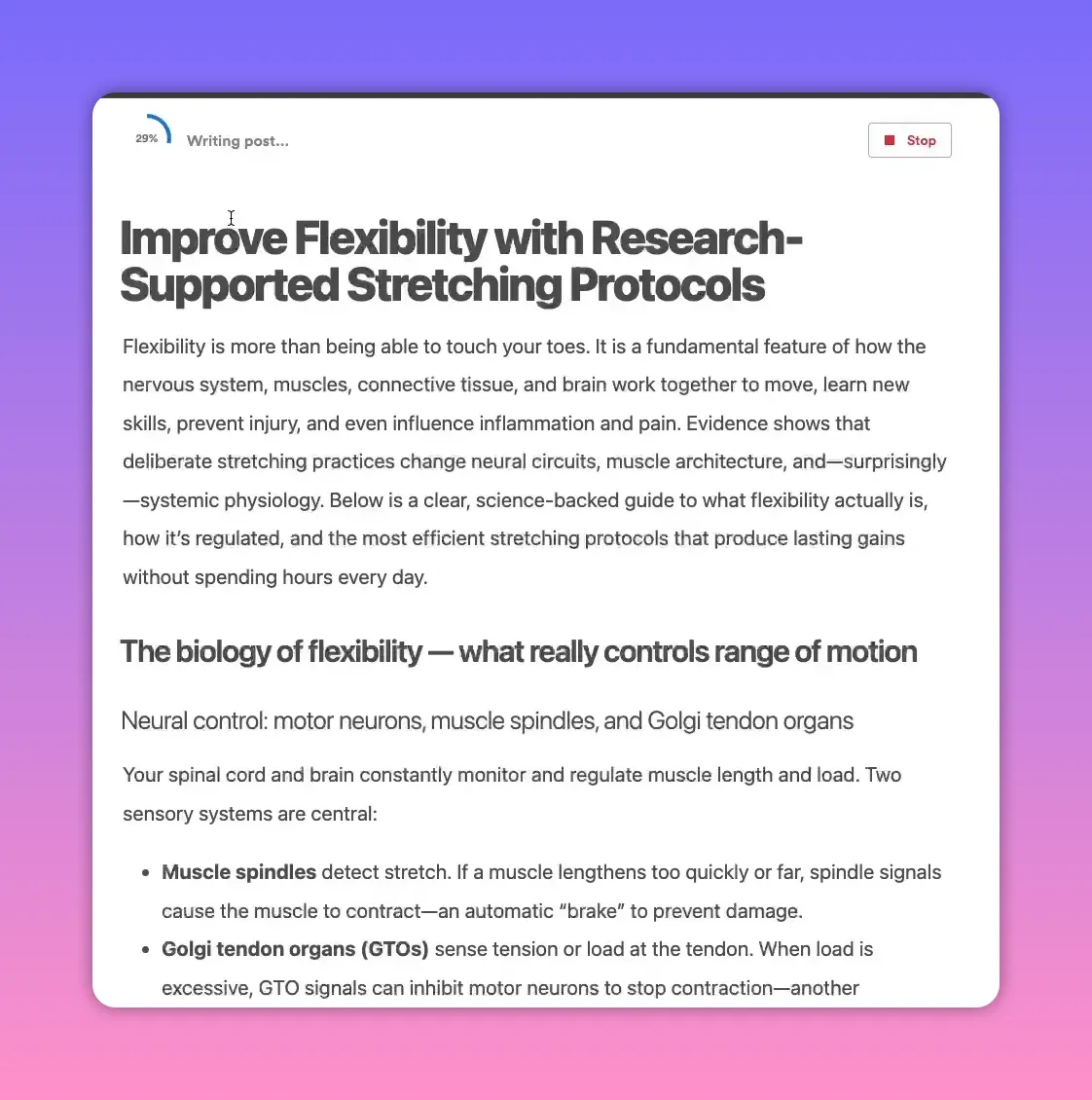 Clear browser screenshot of a blog editor showing the post title, body text, and a 'Writing post...' progress indicator