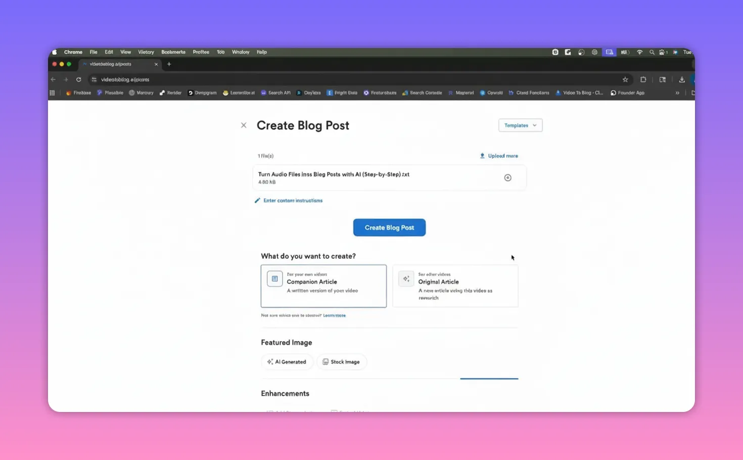 Video To Blog generation settings with companion article option and AI generated featured image