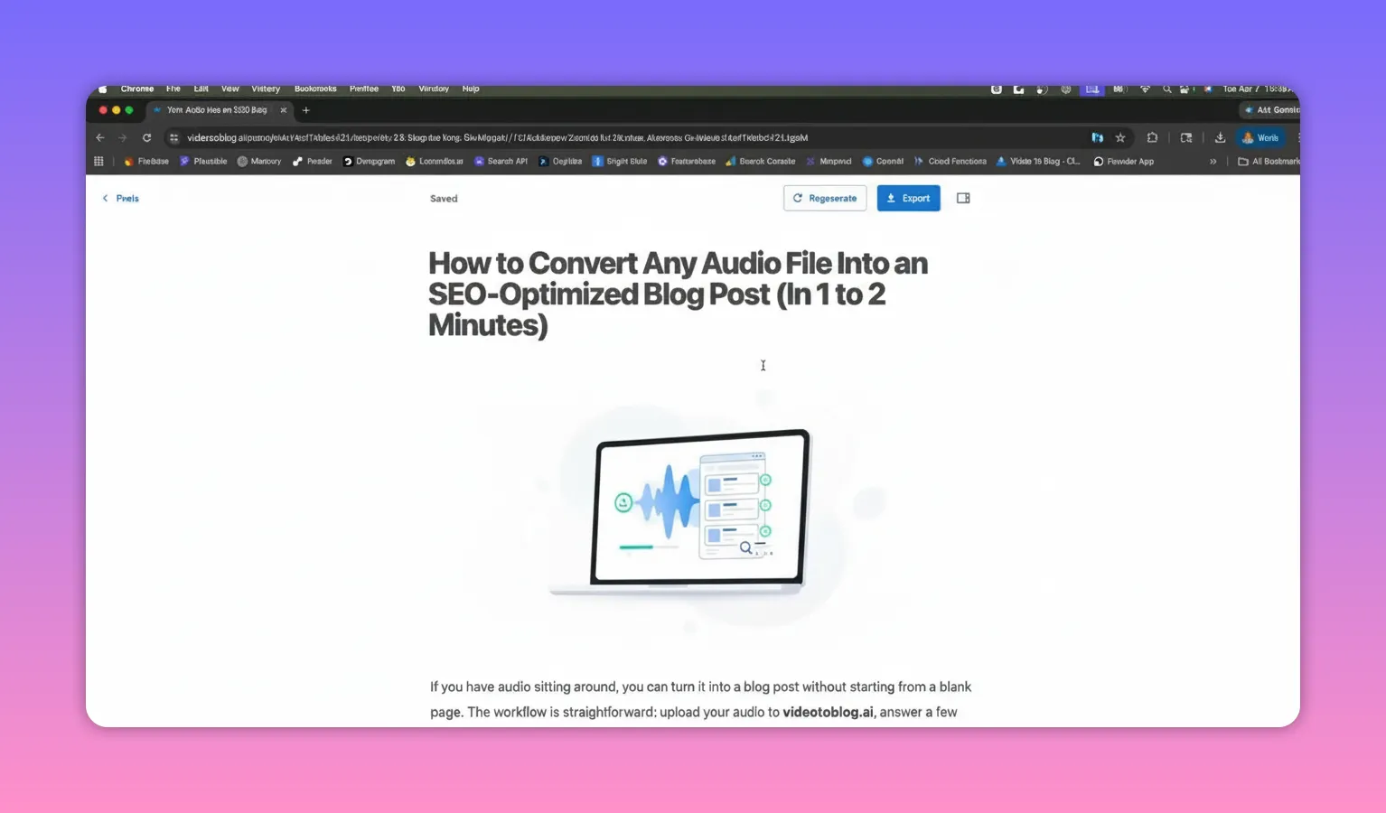 Video To Blog editor showing a generated SEO blog draft and section headings