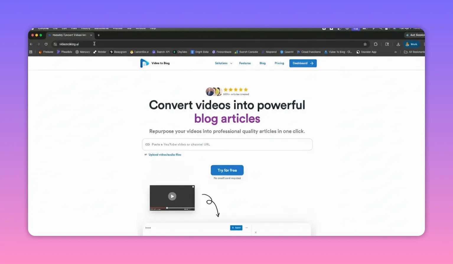 Video To Blog landing page with input field to paste a YouTube video URL or upload video/audio files