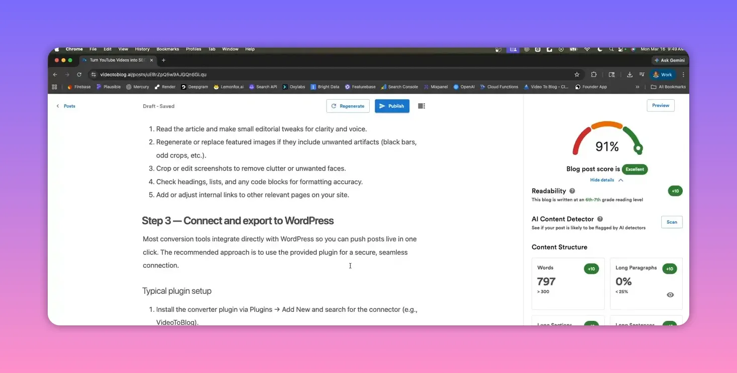 Screenshot of the editor showing the blog post and the right-hand score panel with readability and AI content detector sections