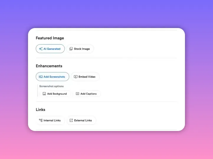 Close-up of Video To Blog 'Featured Image' and 'Enhancements' panels with the 'Add Screenshots' option and screenshot sub-options visible.
