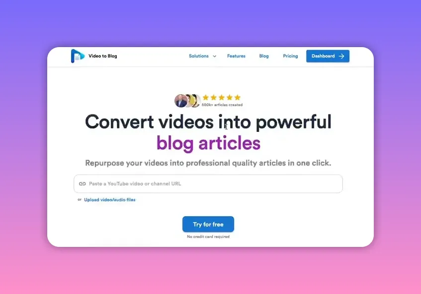 Screenshot of Video To Blog dashboard showing the left sidebar and a posts list with a prominent blue 'Create Blog Post' button.